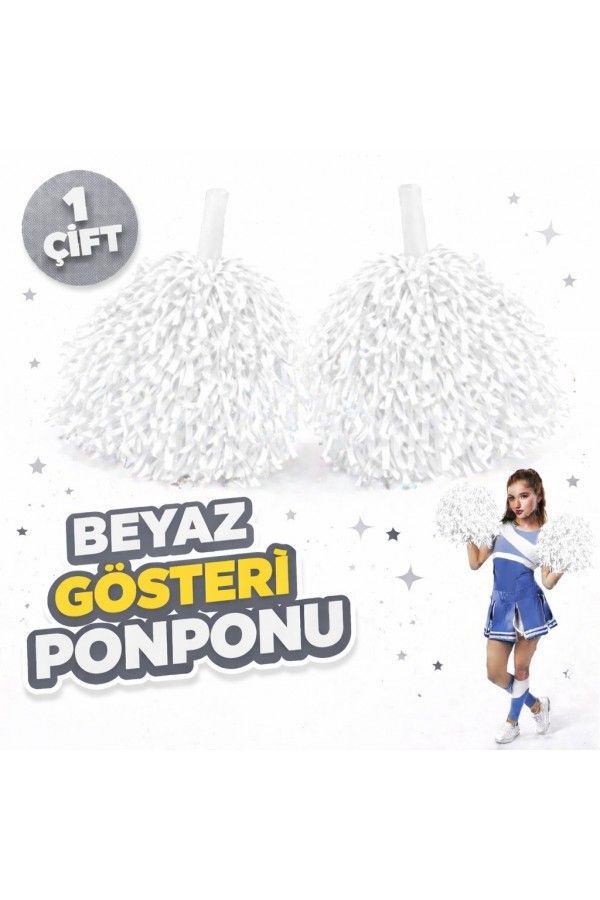 1 Çift ( 2 Adet ) Beyaz Renk 23 Nisan 19 Mayıs 29 Ekim Okul Gösteri Ponponları Ekstra Dolgun