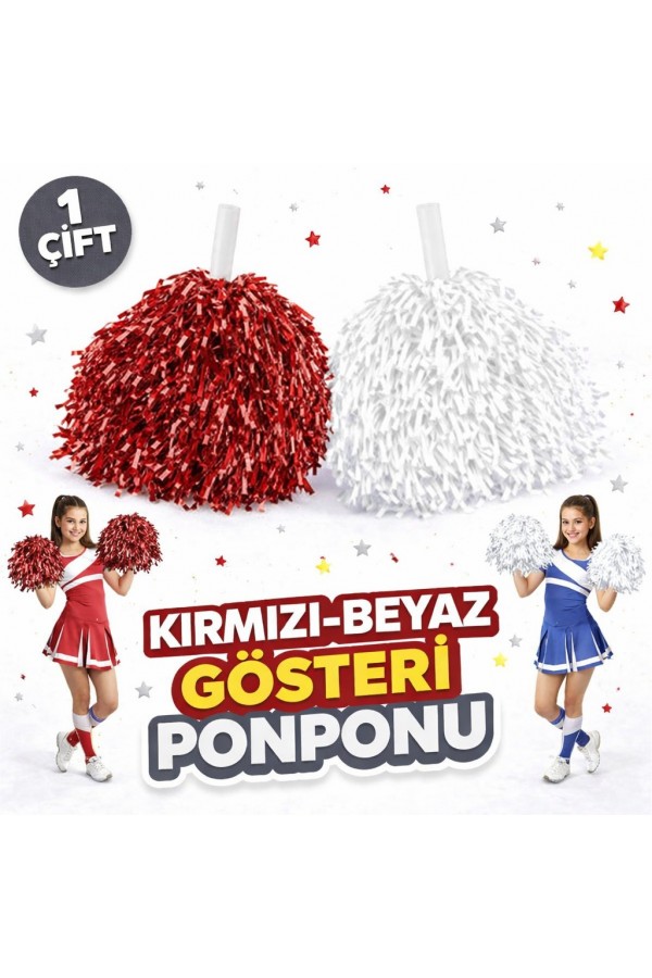 1 Çift ( 2 Adet ) Kırmızı-Beyaz Renk 23 Nisan 19 Mayıs 29 Ekim Okul Gösteri Ponponları Ekstra Dolgun