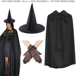 120 cm Siyah Yakalı Cadı Pelerini Cadı Şapkası ve 1 Çift Siyah Kısa File Tüm Eldiven Seti 3 Parça 120 cm Siyah Yakalı Cadı Pelerini Cadı Şapkası ve 1 Çift Siyah Kısa File Tüm Eldiven Seti 3 Parça