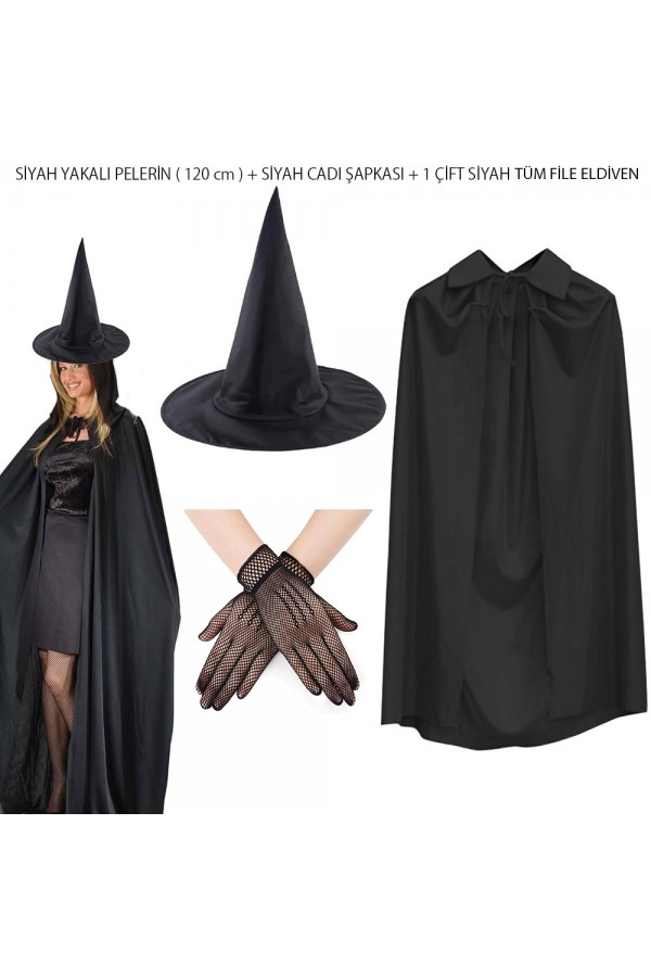 120 cm Siyah Yakalı Cadı Pelerini Cadı Şapkası ve 1 Çift Siyah Kısa File Tüm Eldiven Seti 3 Parça 120 cm Siyah Yakalı Cadı Pelerini Cadı Şapkası ve 1 Çift Siyah Kısa File Tüm Eldiven Seti 3 Parça