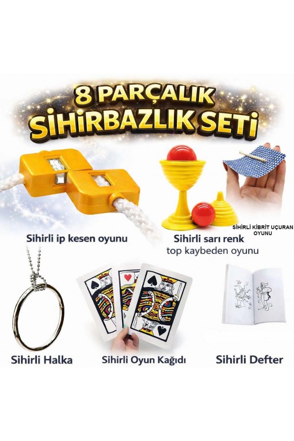 8’li Sihirbazlık Seti (Kibrit, Defter, Halka, Kupa, İp, 3’lü Kart) 8’li Sihirbazlık Seti (Kibrit, Defter, Halka, Kupa, İp, 3’lü Kart)
