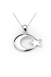 925 Ayar Gümüş Ay Yıldız Bayrak Gümüş Kolye