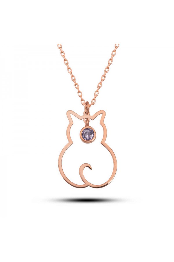 925 Ayar Gümüş Haziran Ayı Doğum Taşı Kedi Kadın Kolye