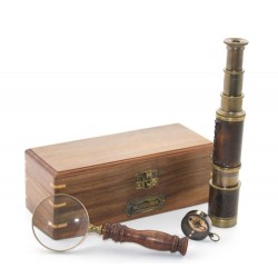 Ahşap Kutu Pirinç Pusula, Dürbün, Büyüteç, Seti