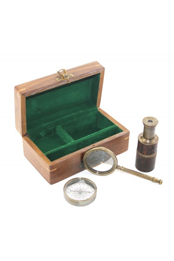 Ahşap Kutu Pirinç Pusula Dürbün Büyüteç Seti