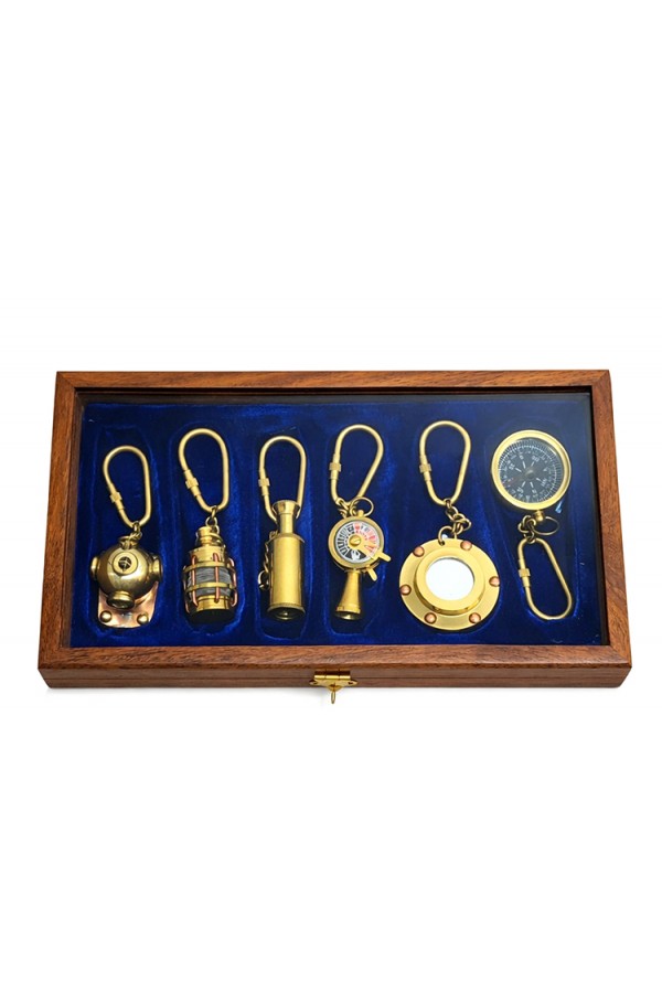 Ahşap Kutulu Denizci Temalı Pirinç Anahtarlık Seti