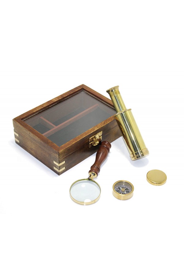 Ahşap Kutulu Pirinç Pusula Dürbün Ve Büyüteç Seti