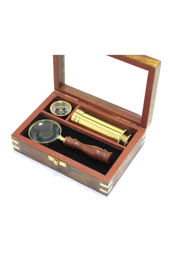 Ahşap Kutulu Pirinç Pusula Dürbün Ve Büyüteç Seti