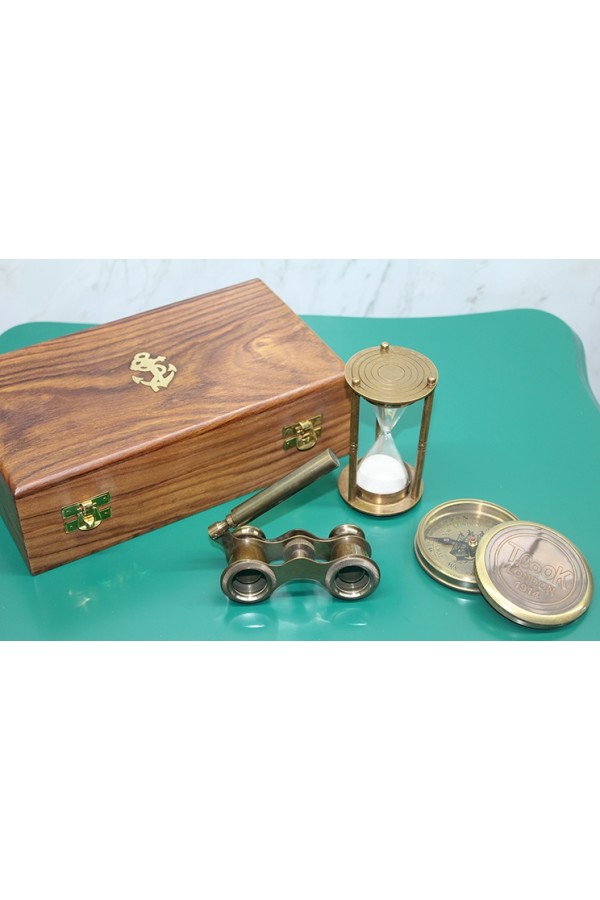 Ahşap Kutulu Pirinç Pusula,Kumsaati,Dürbün Seti