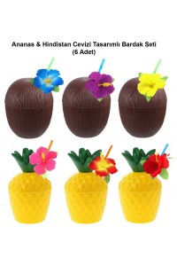 Ananas Hindistan Cevizi Tasarımlı Pipetli Bardak Seti (6 Adet)
