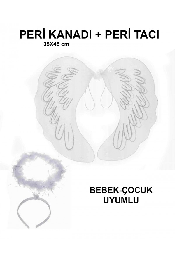 Beyaz Dantel Tüllü Peri Kanadı ve Peri Tacı Seti 45x40 cm
