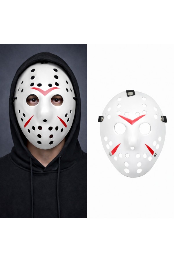 Beyaz Renk Kırmızı Çizgili Tam Yüz Hokey Jason Maskesi Hannibal Maskesi