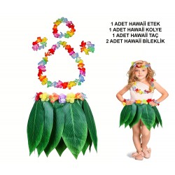 Çocuk Hawaii Kostüm Seti - Yaprak Etek Hawaii Set - 5 Parça Çocuk Hawaii Kostüm Seti - Yaprak Etek Hawaii Set - 5 Parça