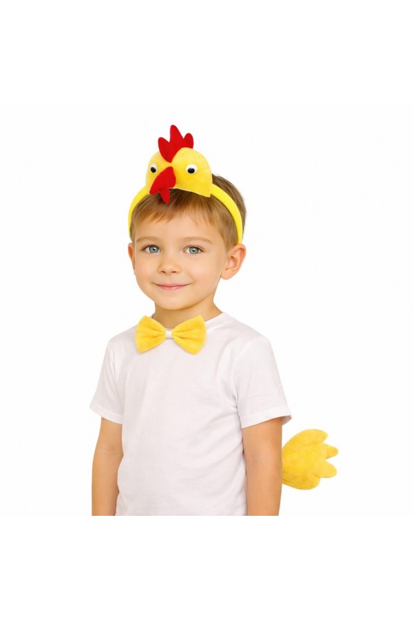 Çocuk Horoz Tavuk Kostüm Seti 3 Parça (Taç + Papyon + Kuyruk)