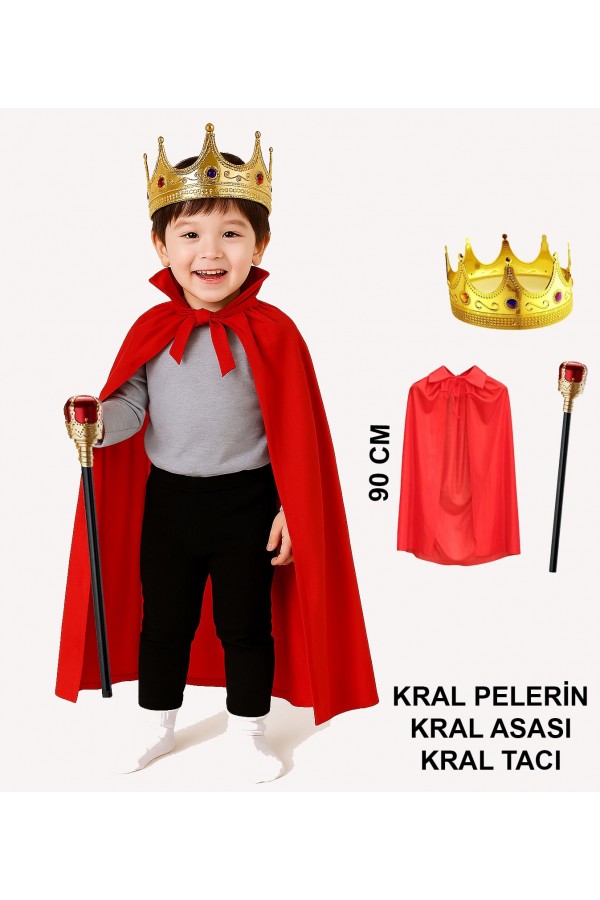 Çocuk Kral Kostüm Seti – Kırmızı Pelerin, Taç ve Asa (90 cm) Çocuk Kral Kostüm Seti – Kırmızı Pelerin, Taç ve Asa (90 cm)