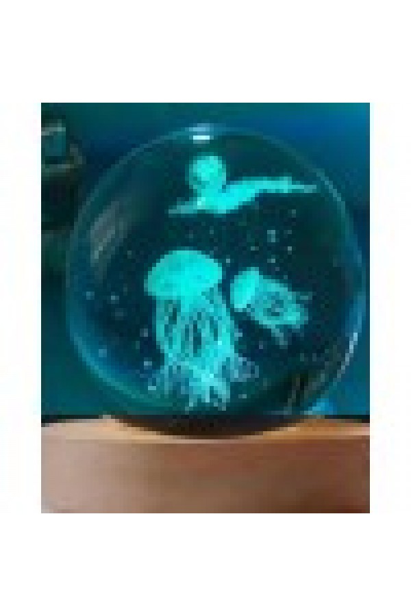 Dekoratif Deniz Anası Tasarımlı Ahşap altlıklı Işıklı Cam Küre Büyük Boy