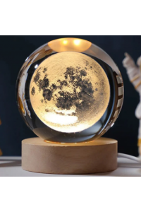 Dekoratif Dolunay Tasarımlı Ahşap altlıklı Işıklı Cam Küre Büyük Boy 8cm