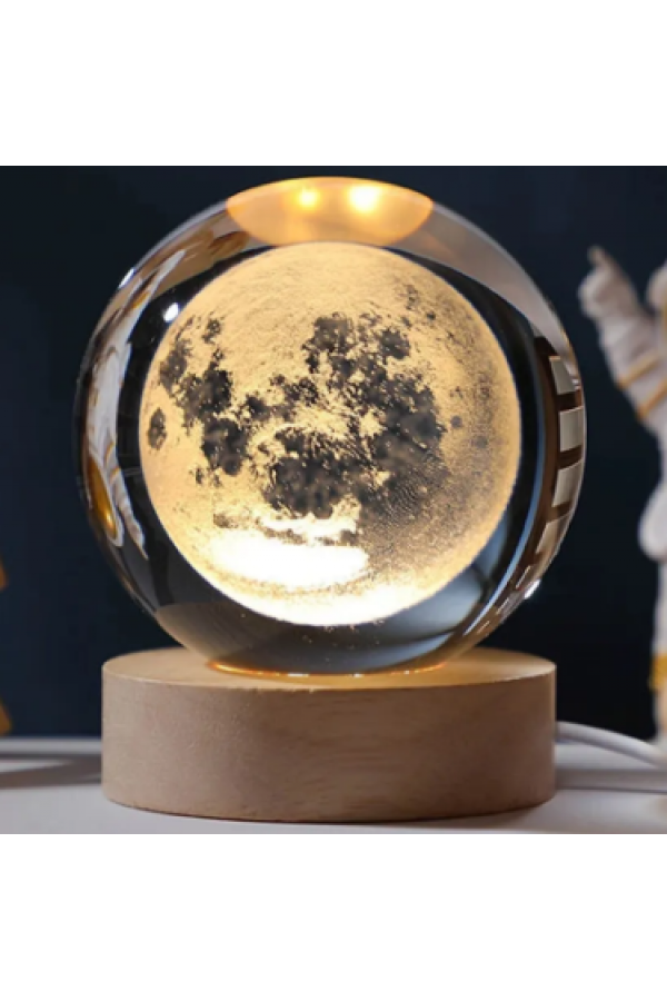 Dekoratif Dolunay Tasarımlı Ahşap altlıklı Işıklı Cam Küre Büyük Boy 8cm
