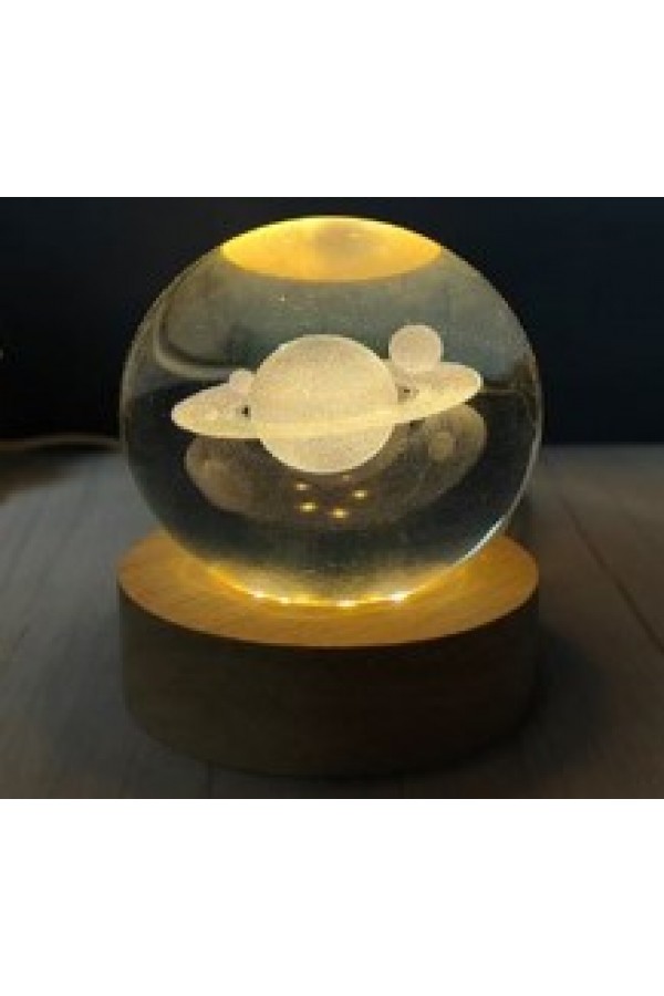 Dekoratif Satürn Tasarımlı Ahşap Altlıklı Işıklı Cam küre Büyük boy Cam:8cm Ahşap:2cm