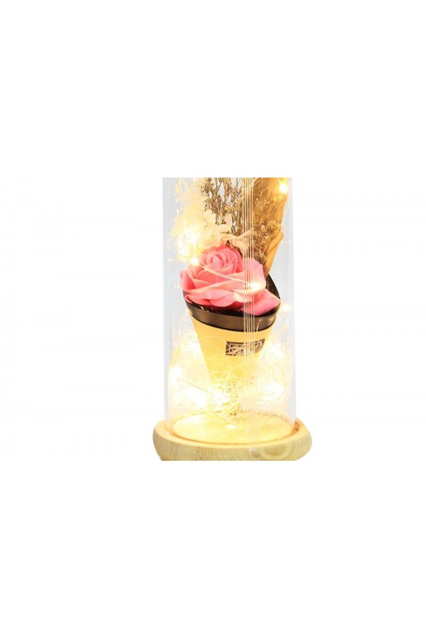 Fanus Gül 28/12cm Cam Fanus Led Işıklı Hediyelik