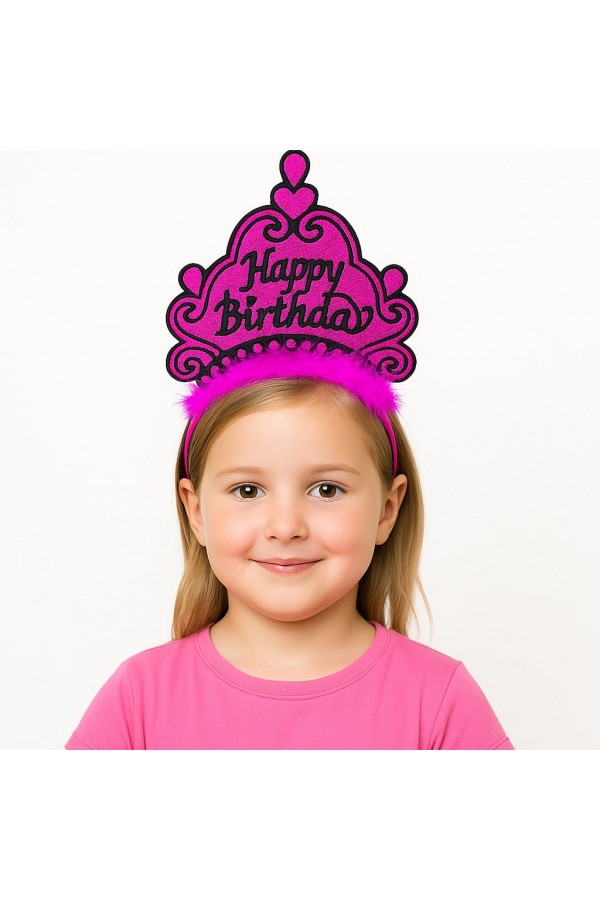Fuşya Happy Birthday Prenses Tacı – Doğum Günü Taç Aksesuarı