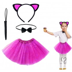 Fuşya Renk Etekli Kedi Kostüm Seti (Tütü, Taç, Papyon, Kuyruk)