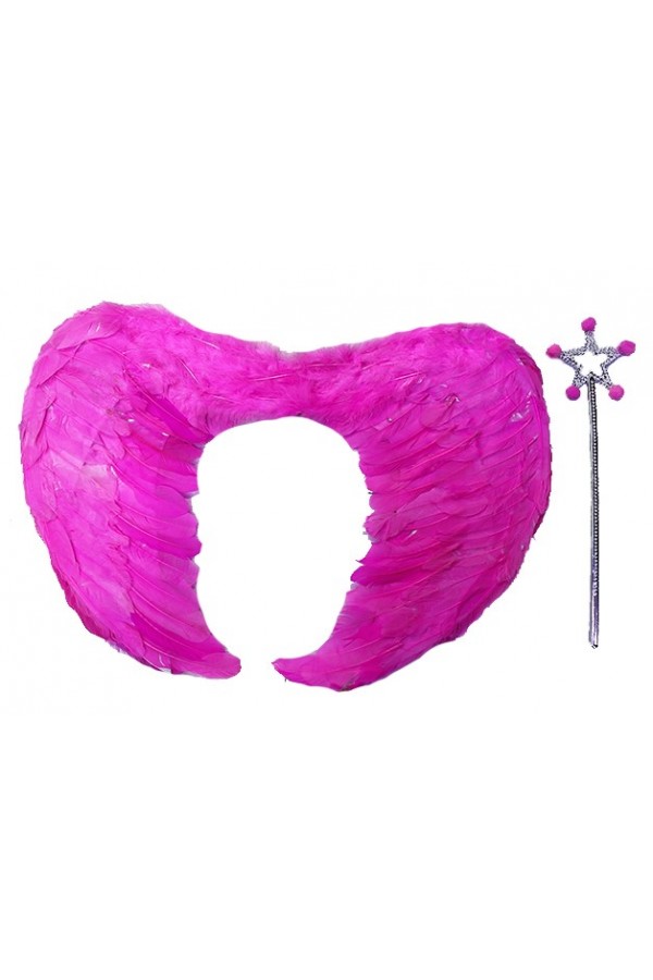 Gerçek Tüylü Katlanabilir Çocuk Pembe Melek Kanadı ve Asa Seti 40x55 cm