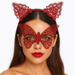 Gösterişli Kırmızı Dantel Maske ve Taç Seti 7 No Gösterişli Kırmızı Dantel Maske ve Taç Seti 7 No