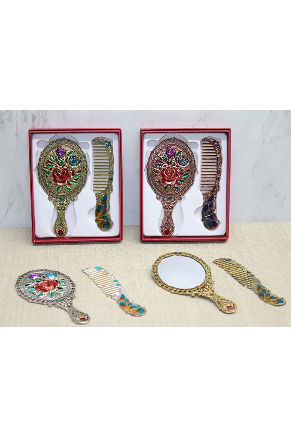 Gül Tasarımı Ayna Ve Tarak Seti Küçük Boy