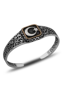 Gümüş Ay Yıldız Ayarlanabilir Kelepçe Erkek Bileklik