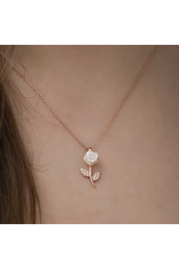 925 Ayar Gümüş Rose Beyaz Gül Kadın Gümüş Kolye