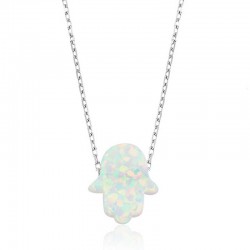 925 Ayar Gümüş Beyaz Opal Fatma Ana Eli Kadın Gümüş Kolye