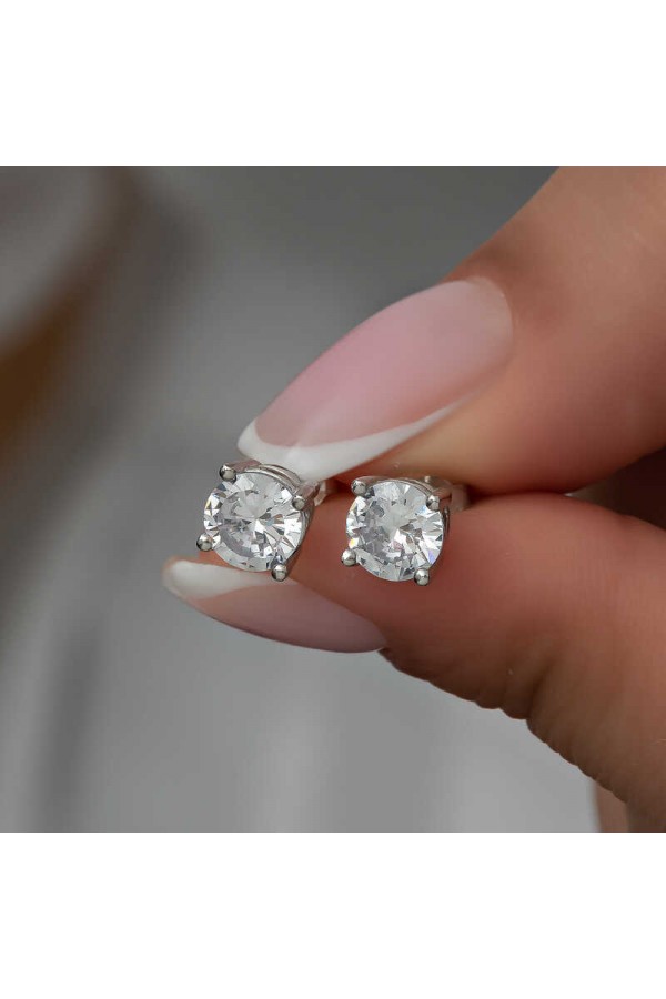 ​Gümüş 4 mm Beyaz Zirkon Tek Taş Kadın Küpe