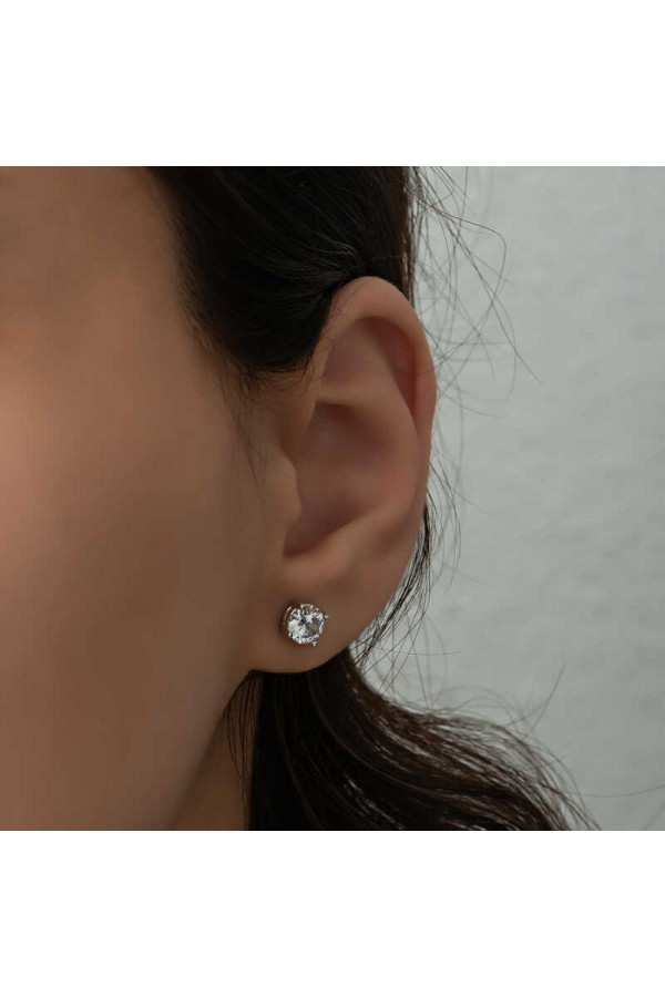 ​Gümüş 4 mm Beyaz Zirkon Tek Taş Kadın Küpe