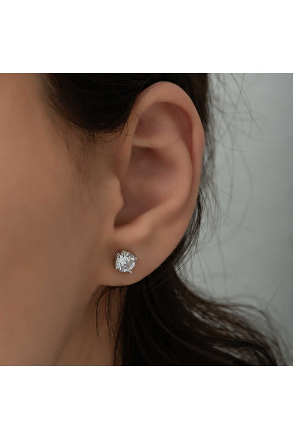 ​Gümüş 4 mm Beyaz Zirkon Tek Taş Kadın Küpe