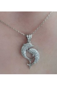 Gümüş Çift Yunus Balığı Kadın Kolye