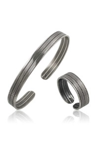 925 Ayar Gümüş Çizgi Desenli Bileklik Ve Yüzük Set