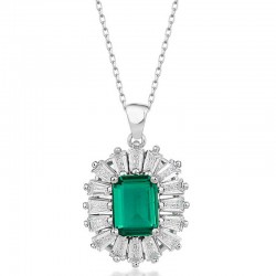 Gümüş Elmas Montür Zümrüt Taşlı Kadın Kolye