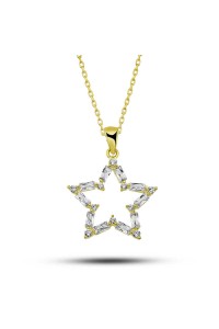 ​925 Ayar Gümüş Gold Baget Taşlı Yıldız Kadın Kolye