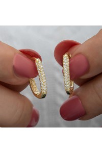 Gümüş Gold Çift Sıra Beyaz Taşlı J Kadın Küpe