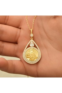 Gümüş Gold Kaplama Damla Tuğralı Kadın Kolye