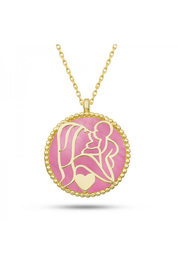 Gümüş Gold Pembe Sedef Taşlı Anne Çocuk Sevgisi Kolye Gümüş Gold Pembe Sedef Taşlı Anne Çocuk Sevgisi Kolye