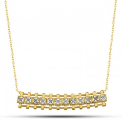 Gümüş Gold Zirkon Taşlı Kare Bar Kadın Kolye