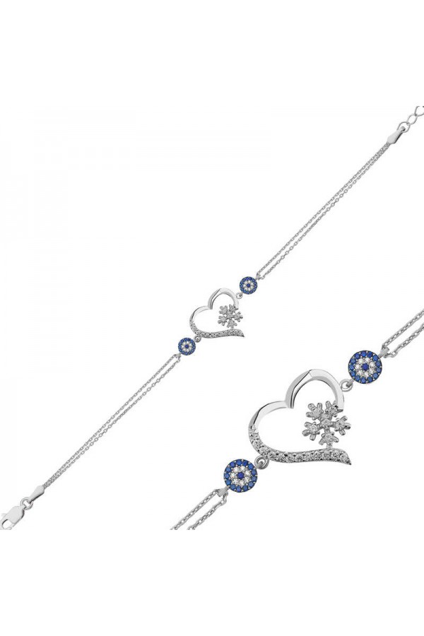 925 Ayar Gümüş Kalp Kar Tanesi Kadın Bileklik