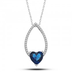 Gümüş Kalp Mavi Taşlı Damla Kadın Kolye
