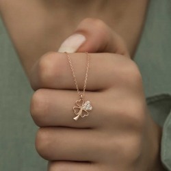 925 Ayar Gümüş Rose Kalpli Dört Yapraklı Yonca Kadın Gümüş Kolye