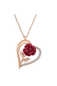 ​Gümüş Rose Kalpli Kırmızı Gül Kadın Kolye