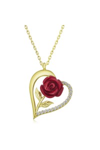 925 Ayar ​Gümüş Gold Kalpli Kırmızı Gül Kadın Gümüş Kolye
