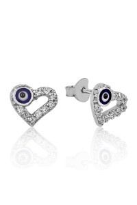 925 Ayar Gümüş Kalpli Nazar Çivili Küpe