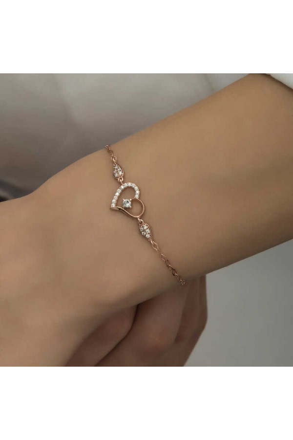 925 Ayar Gümüş Rose Kalpli Tektaş Kadın Bileklik
